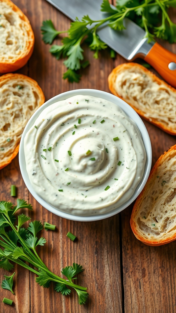 Creamy Herb and Garlic Sandwich Spread A bowl of creamy herb and garlic sandwich spread on a wooden table, with fresh herbs and slices of bread.